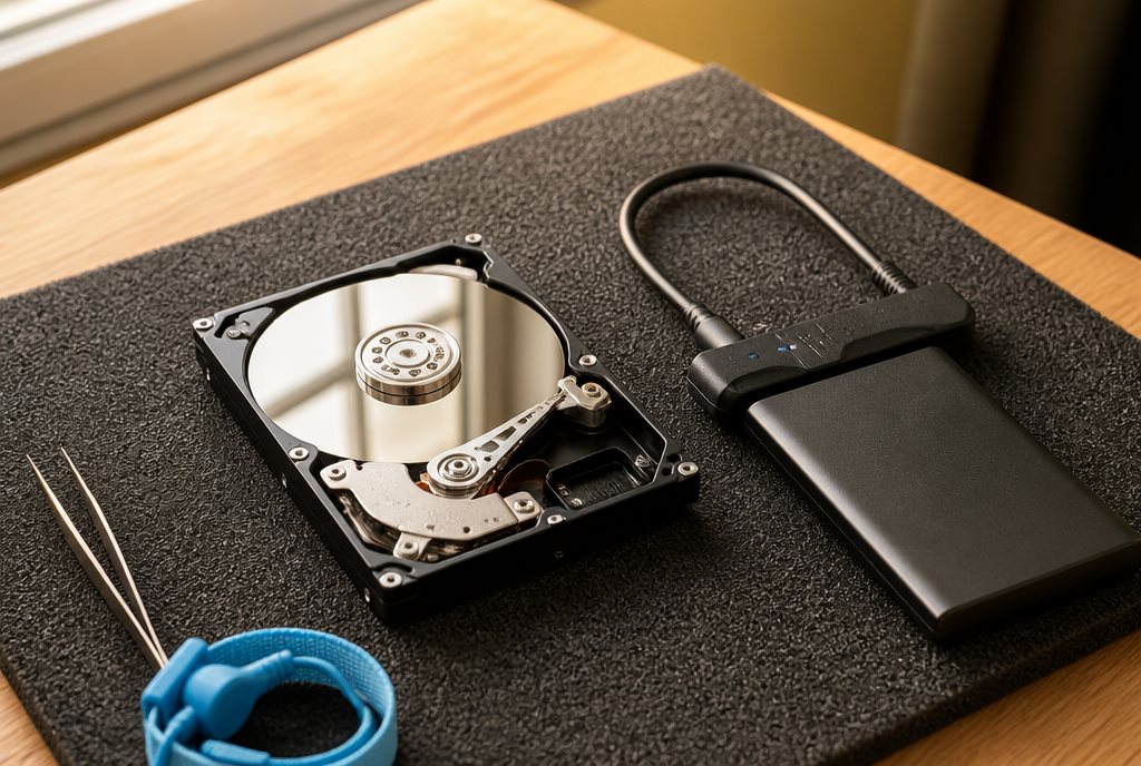 Data recovery in Natick - hard drive platter exposed on ESD mat with USB recovery adapter