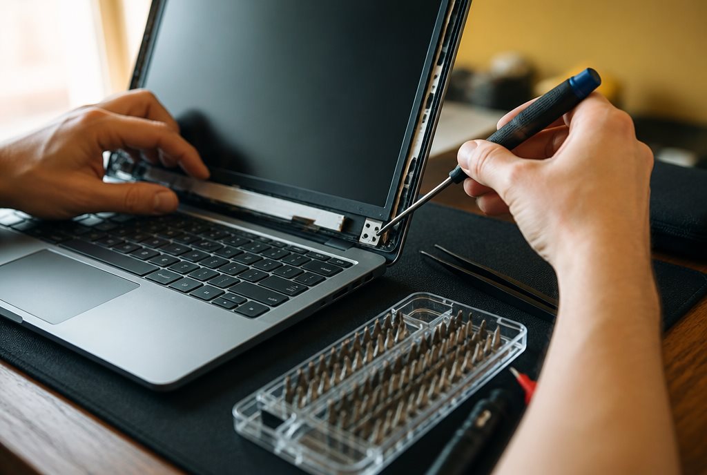 Hardware repair in Natick - hands working on a Windows laptop motherboard