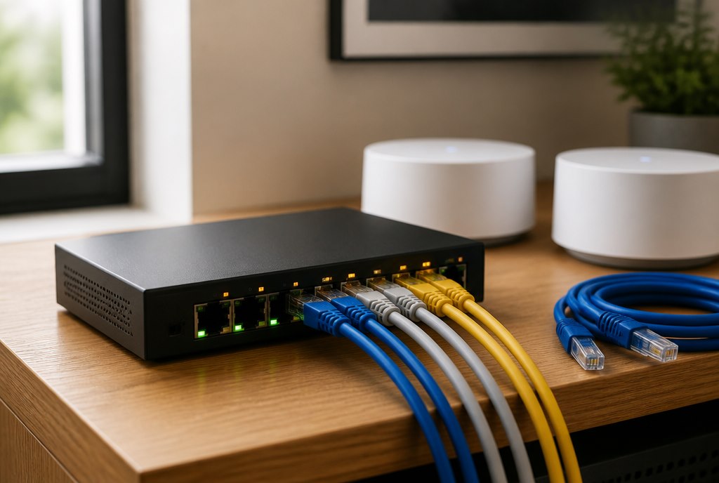 Home and office network setup in Natick MetroWest - mesh router, gigabit switch, Cat6 cables