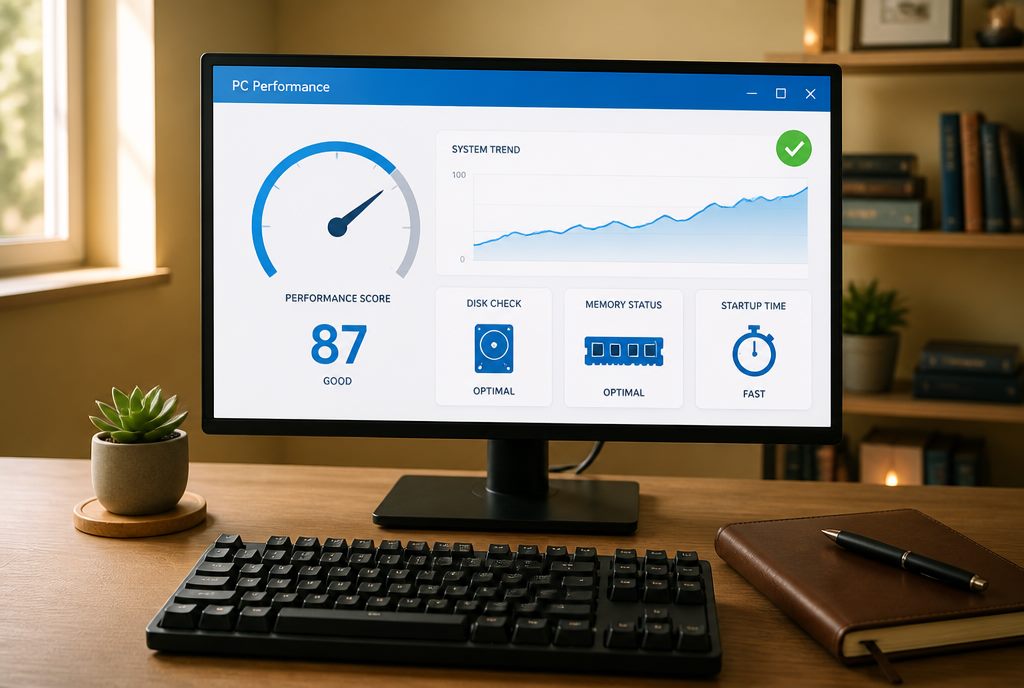 PC performance boost in Natick, MA - desktop monitor showing a clean Windows-style performance dashboard with speed gauge and disk, memory, and startup status