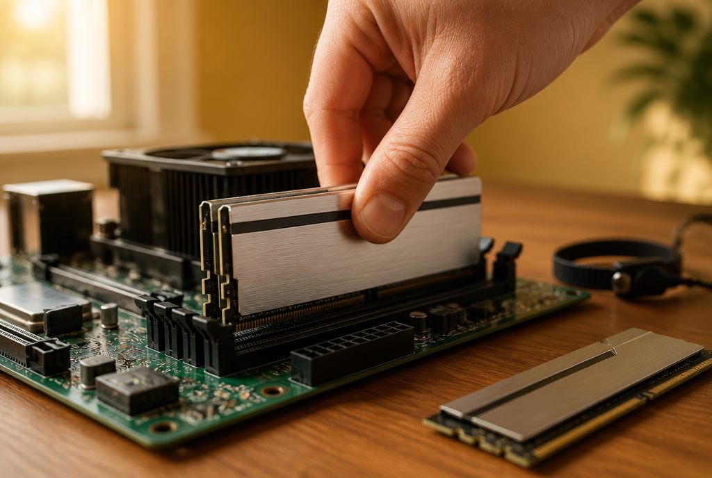 RAM upgrade in Natick, MA - hand seating two DDR memory modules with silver heat-spreaders into motherboard DIMM slots