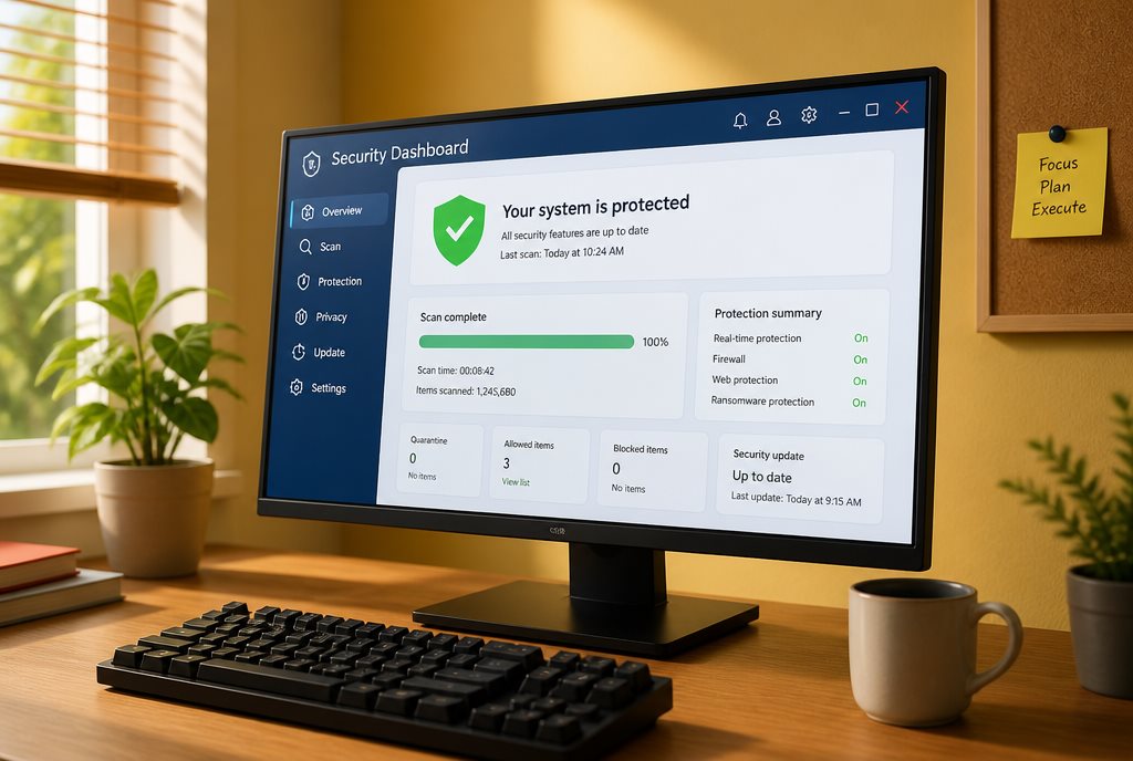 Software repair and virus removal in Natick - Windows security dashboard on monitor