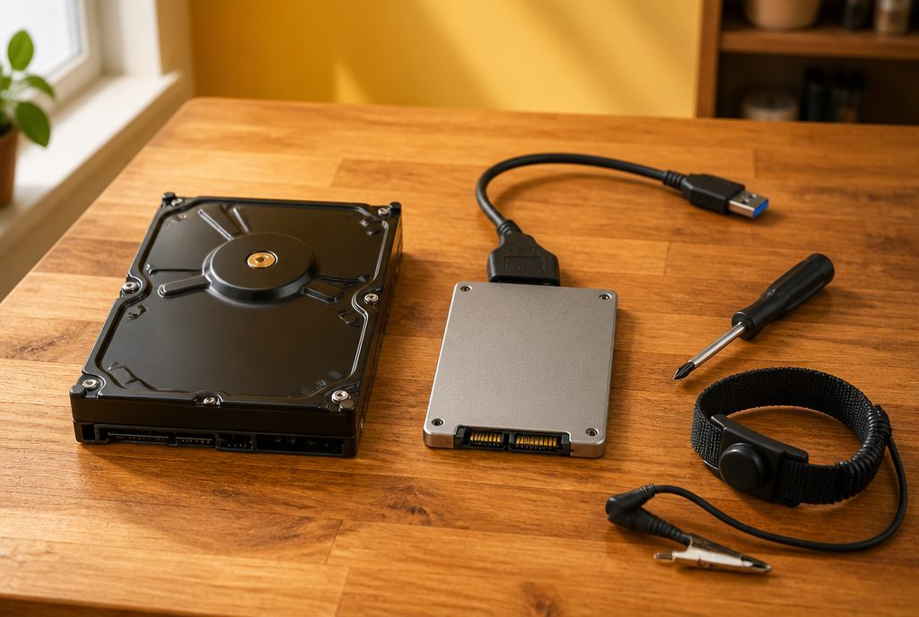HDD to SSD upgrade in Natick, MA - 3.5-inch hard drive next to 2.5-inch SATA SSD with USB cloning cable on a workbench