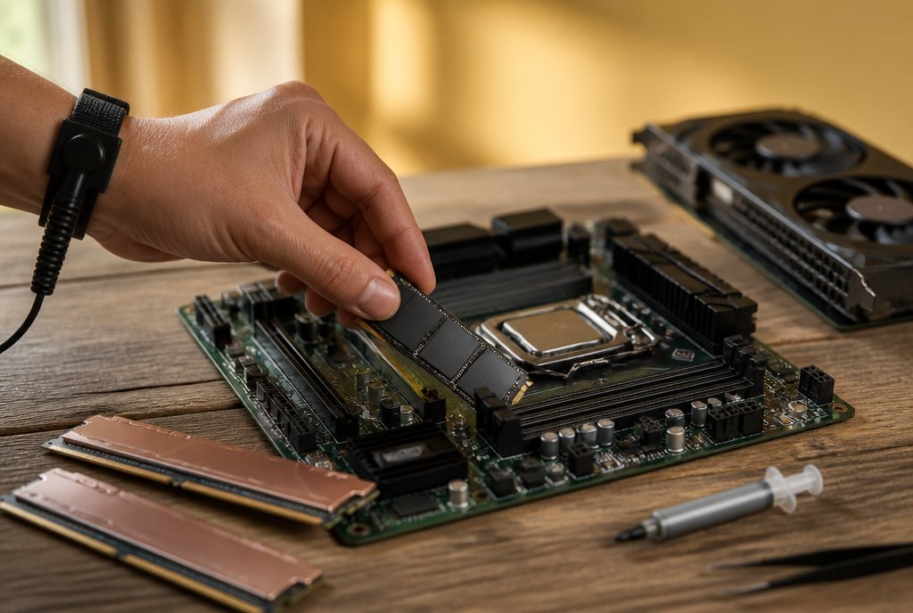 PC upgrades in Natick - hand installing an NVMe M.2 SSD on a motherboard with RAM